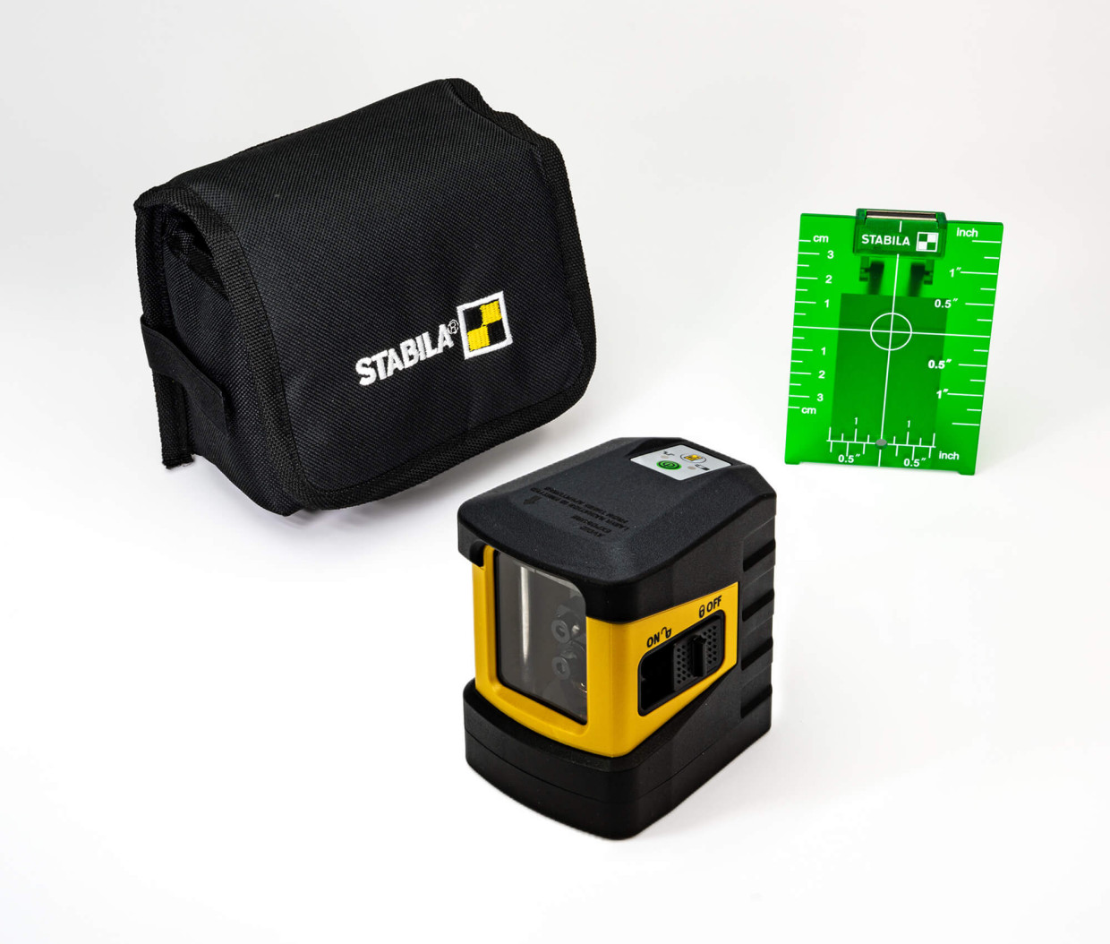 Der Kreuzlinien-Laser LAX 60 G von STABILA ist inkl. Gürteltasche, Zielplatte sowie drei AA 1,5 V-Batterien im Handel erhältlich.